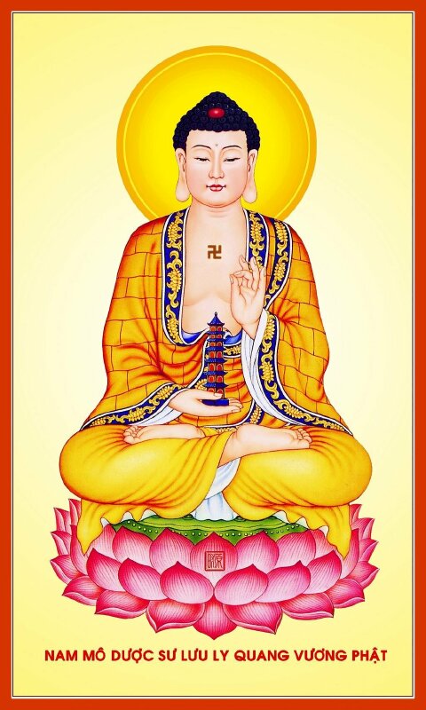 Hình ảnh Phật Dược Sư trên tay là tòa tháp 7 tầng làm hình nền điện thoại
