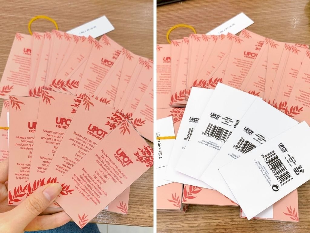 In tag treo, thẻ treo, tem nhãn sản phẩm gốm sứ - mặt trước thông tin sản phẩm, mặt sau mã vạch Barcode