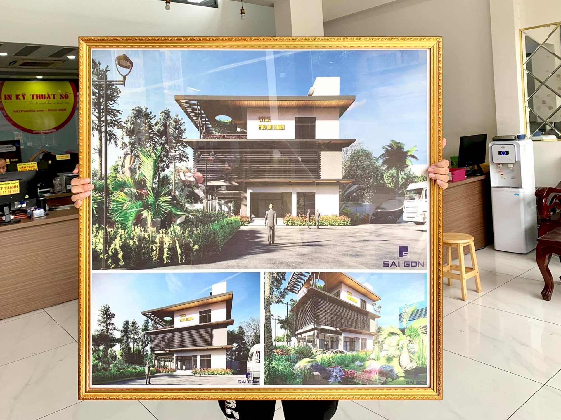 In quảng cáo giới thiệu xưởng in tranh treo tường cho văn phòng nhà