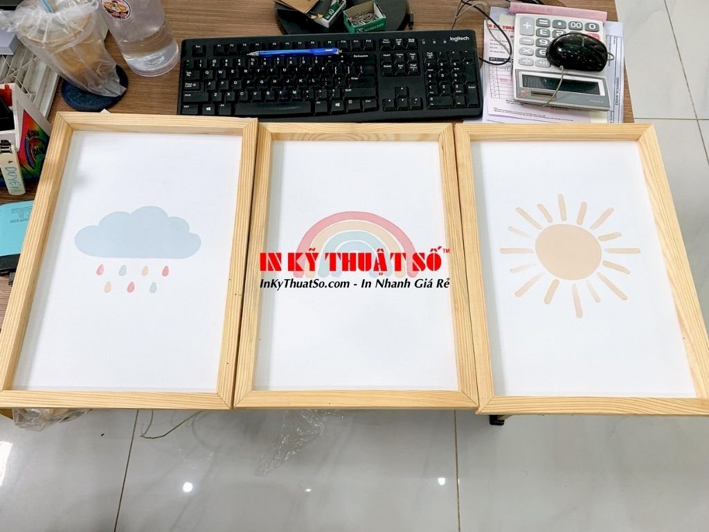 Nhà in bộ 3 tranh Cầu Vồng - Mặt Trời - Đám Mây - đóng khung gỗ treo tường phòng bé