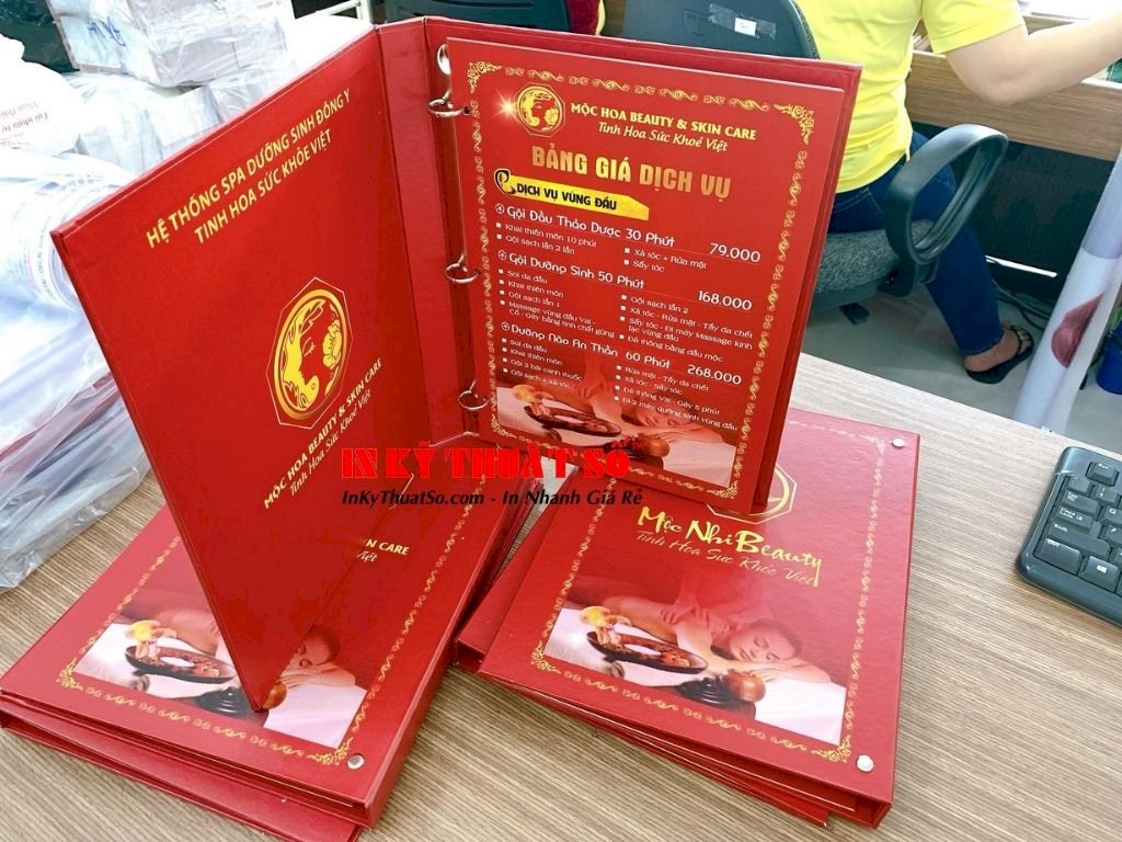 Đặt làm Menu spa để bàn - menu bảng giá spa dưỡng sinh, chăm sóc da dạng book, bìa còng