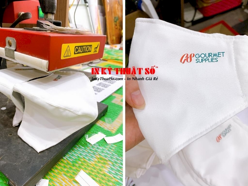 In Logo khẩu trang vải - dập, ép chuyển nhiệt lên khẩu trang vải chữ, số điện thoại, logo công ty