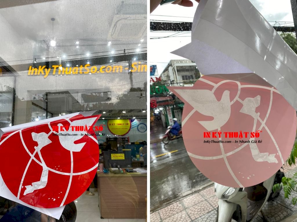 In Decal keo mặt trước dán kính, cán keo mặt in