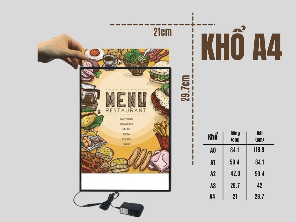 Hộp đèn Led A4 siêu mỏng, Menu Led thay nội dung, Poster Tranh điện bán hàng, biển Led quảng cáo - INKTS1005