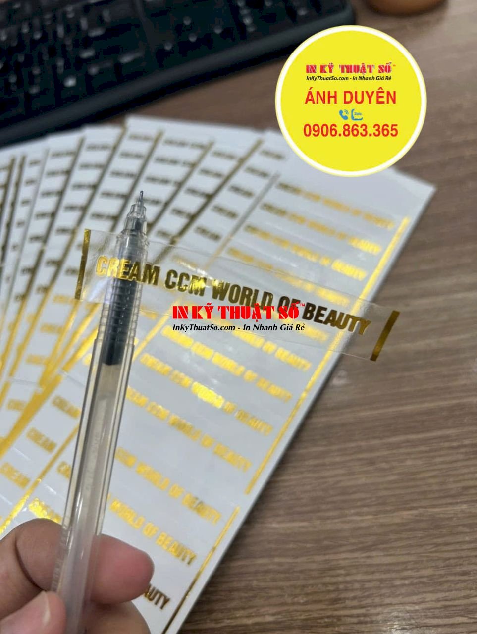 In tem dán hủ kem dưỡng trắng da, tem Decal trong ép kim vàng, có bế ...