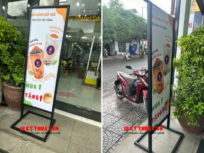 Khung standee sắt in theo yêu cầu, standee chân sắt quán trà sữa - INKTS656