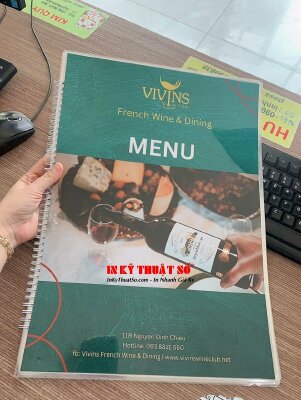 In menu thực đơn nhà hàng hầm rượu vang Pháp, menu plastic đóng cuốn lò xo A3  - INKTS1334