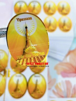 In tem dán logo Thiền Viện Chùa Phật giáo, tem Decal sữa ép kim màu vàng, bế tem theo file - INKTS1503