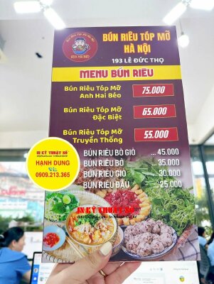 In menu quán bún riêu tóp mỡ Hà Nội, menu tấm cầm tay, in trên tấm Formex, dán gói 2 mặt - INKTS2135