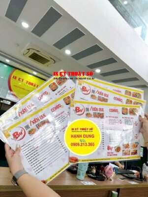 In menu quán xiên que, menu khổ A3 in 2 mặt ép plastic - INKTS2178