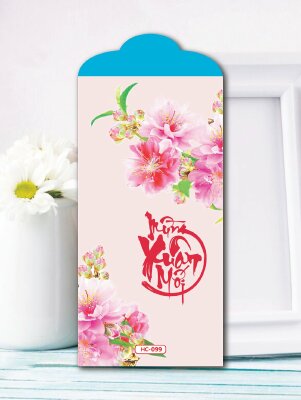 In bao lì xì màu hồng Cành Đào Khoe Sắc Thắm Mừng Xuân Mới - Mã HC099 - INKTS2596