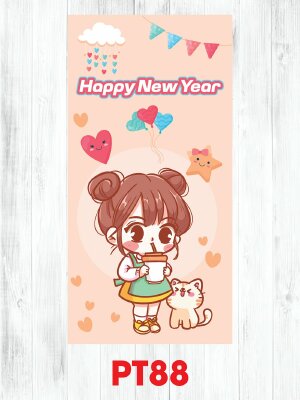 Thiết kế phong bao lì xì dễ thương Cô bé ôm trà sữa bên bé mèo Chibi Happy New Year  - Mã PT88 - INKTS2545