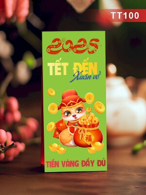 In bao lì xì đầy tiền màu xanh Tết Đến Xuân Về Tiền Vàng Đầy Đủ - Mã TT100 - INKTS2717