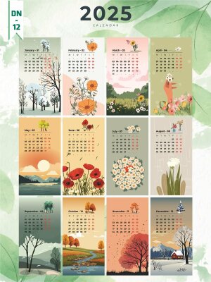 Lịch để bàn dọc chữ A thiết kế chủ đề 4 mùa Four Seasons Vector Art Graphics - Mã DN12 - INKTS2365