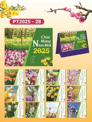 Mẫu thiết kế lịch để bàn chữ A chủ đề  Xuân Về Hoa Nở - Mã PT2025-28 - INKTS2332