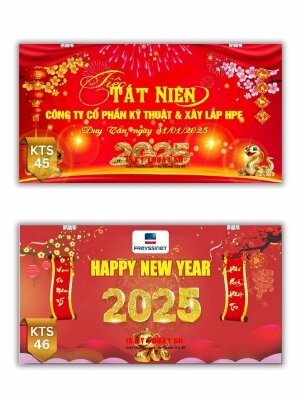 In backdrop Tiệc Tất Niên công ty có tên, logo, câu đối - INKTS2976