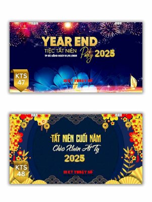 Thiết kế & in Backdrop tone Xanh Dương & Vàng tiệc Year End Party Tất Niên công ty - INKTS2977