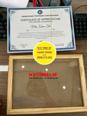 In Certificate of appreciation giấy chứng nhận công nhận và khen thưởng, lồng sẵn khung gỗ mặt kính - INKTS3087