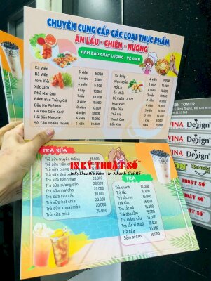 In menu cầm tay quán ăn vặt trà sữa, menu Format khổ A4 nhỏ gọn, cán màng mờ chống thấm, bồi format cứng cáp - INKTS3102