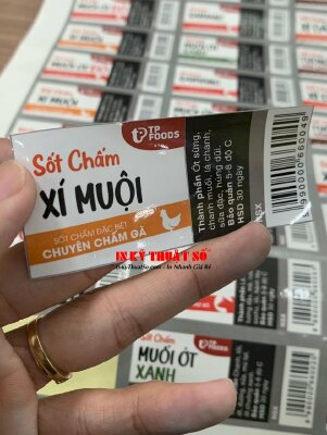 In tem decal giấy dán chai sốt chấm công ty thực phẩm, cán bóng, bế demi - INKTS300
