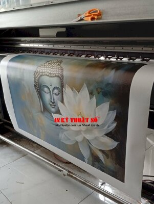 In tranh vải Canvas Diện Phật & hoa sen trắng in khổ lớn mực dầu bóng - INKTS3281