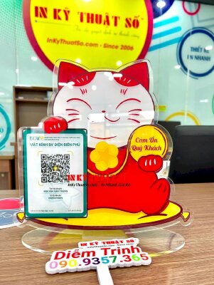 Standee hình mèo thần tài in mã QR chuyển khoản Mica trong in UV bền màu - INKTS638