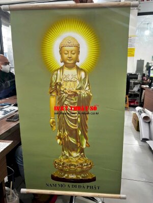 In tranh tượng Phật Canvas Nam Mô A Di Đà Phật (vàng) nẹp gỗ 2 đầu - INKTS3296