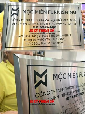 Làm bảng tên công ty nội thất inox xước bạc, vạt lá hẹ 4 cạnh - INKTS1175