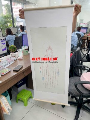 In bộ liễn thờ tranh Phật thư pháp trên vải Canvas mực dầu bóng, nẹp gỗ treo tường nơi thờ tự - INKTS3374
