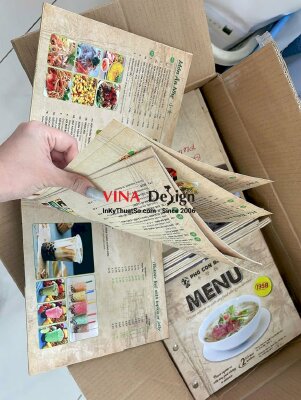 In menu quán phở bò bìa bồi carton, ruột giấy C300, gáy ghim inox cán mờ, hàng gửi đi Mỹ - INKTS3401