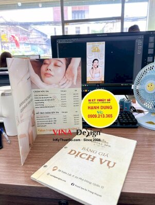 In quyển menu bảng giá dịch vụ spa, menu bìa bồi carton cứng, gáy bắt ốc inox sang trọng - INKTS3426