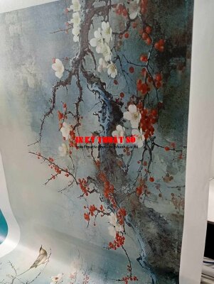 In tranh Canvas thủy mặc hoa đào đỏ trắng nở, mộc long đào hoa - INKTS3377