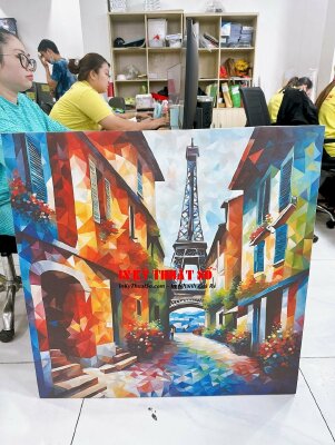 In tranh tháp Eiffel phong cách sơn dầu nhiều màu sắc rực rỡ, in Canvas mực dầu bóng đóng khung - INKTS3384