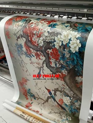 In tranh treo tường Indochine họa tiết chim chóc hoa lá, in Canvas mực dầu bóng khổ lớn - INKTS3385