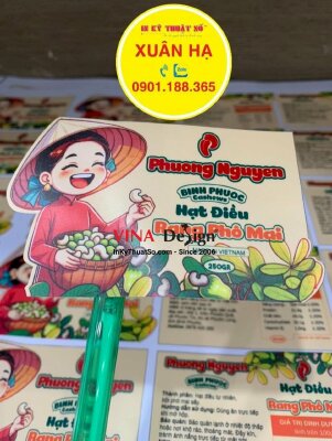 In tem nhãn hạt điều, tem decal sữa dầu mờ, cán màng bóng, bế tem theo đường viền - INKTS1151