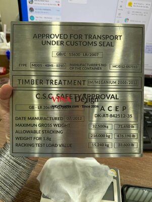 In UV lên inox xước bạc làm tấm bảng CSC (Container Safety Convention), tấm chứng nhận an toàn cho container - INKTS3451