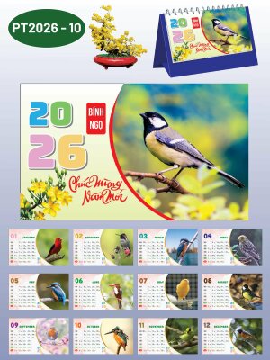 In ảnh lịch để bàn chữ A thiết kế chủ đề Chim Muôn - Mã PT2026-10 - INKTS2314