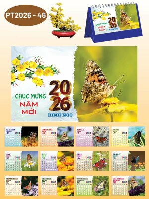 In lịch để bàn TP HCM thiết kế chủ đề Cánh Bướm Bên Hoa - Mã PT2026-46 - INKTS2350