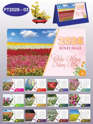 In lịch Tết lò xo để bàn chữ A thiết kế chủ đề Muôn Hoa Khoe Sắc - Mã PT2026-03 - INKTS2307
