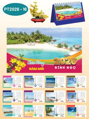 In lịch Tết số lượng ít để bàn thiết kế chủ đề Bãi Biển Trong Xanh - Mã PT2026-16 - INKTS2320
