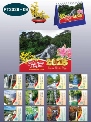 Lịch để bàn hiện đại thiết kế chủ đề Thác Nước Chiêu Tài - Mã PT2026-09 - INKTS2313