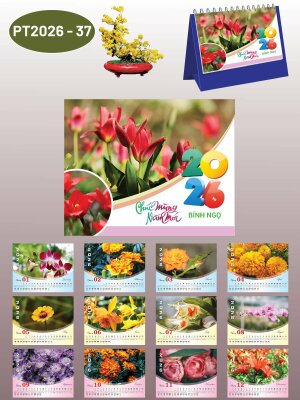 Lịch để bàn Muôn Hoa Khoe Sắc Xuân thiết kế theo yêu cầu - Mã PT2026-37 - INKTS2341