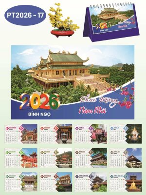 Lịch để bàn Nhà Chùa thiết kế theo yêu cầu - Mã PT2026-17 - INKTS2321