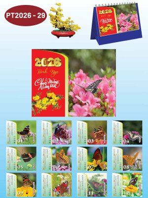 Lịch để bàn vạn xuân thiết kế chủ đề Cánh Bướm Mùa Xuân - Mã PT2026-29 - INKTS2333