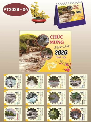 Thiết kế in lịch Tết chữ A để bàn chủ đề Thác Nước - Mã PT2026-04 - INKTS2308