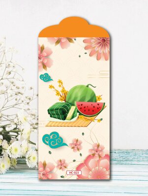 In ấn bao lì xì Bánh chưng xanh bên Dưa hấu đỏ Cành mai vàng bên cạnh Đào tươi - Mã HC023 - INKTS2419