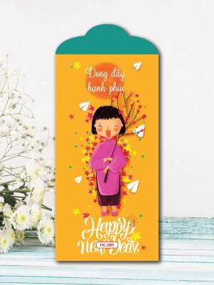In bao lì xì màu vàng Happy Tết Bé Vui Xuân Đong Đầy Hạnh Phúc - Mã HC089 - INKTS2586