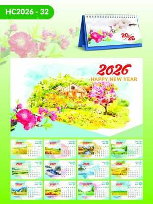In lịch để bàn theo yêu cầu TPHCM thiết kế chủ đề Phong Cảnh Thiên Nhiên Màu Nước watercolor - Mã HC2026-32 - INKTS2352