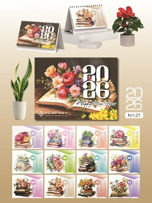 Lịch để bàn 52 tuần chữ A thiết kế chủ đề Tri Thức Đơm Hoa Book Sách Bó Hoa - Mã NH27 - INKTS2609