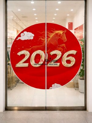 In Decal dán cửa kính ra vào trang trí Tết họa tiết linh vật năm, tone đỏ rực rỡ - INKTS2542